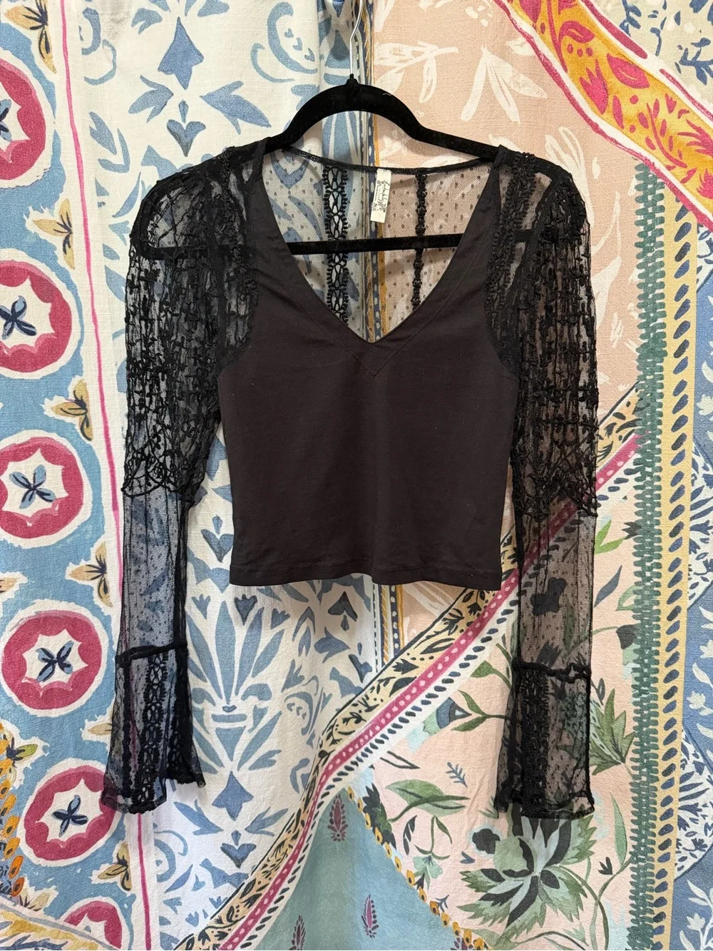 Sheer Lace Sleeve V-Neck Crop Top - Black